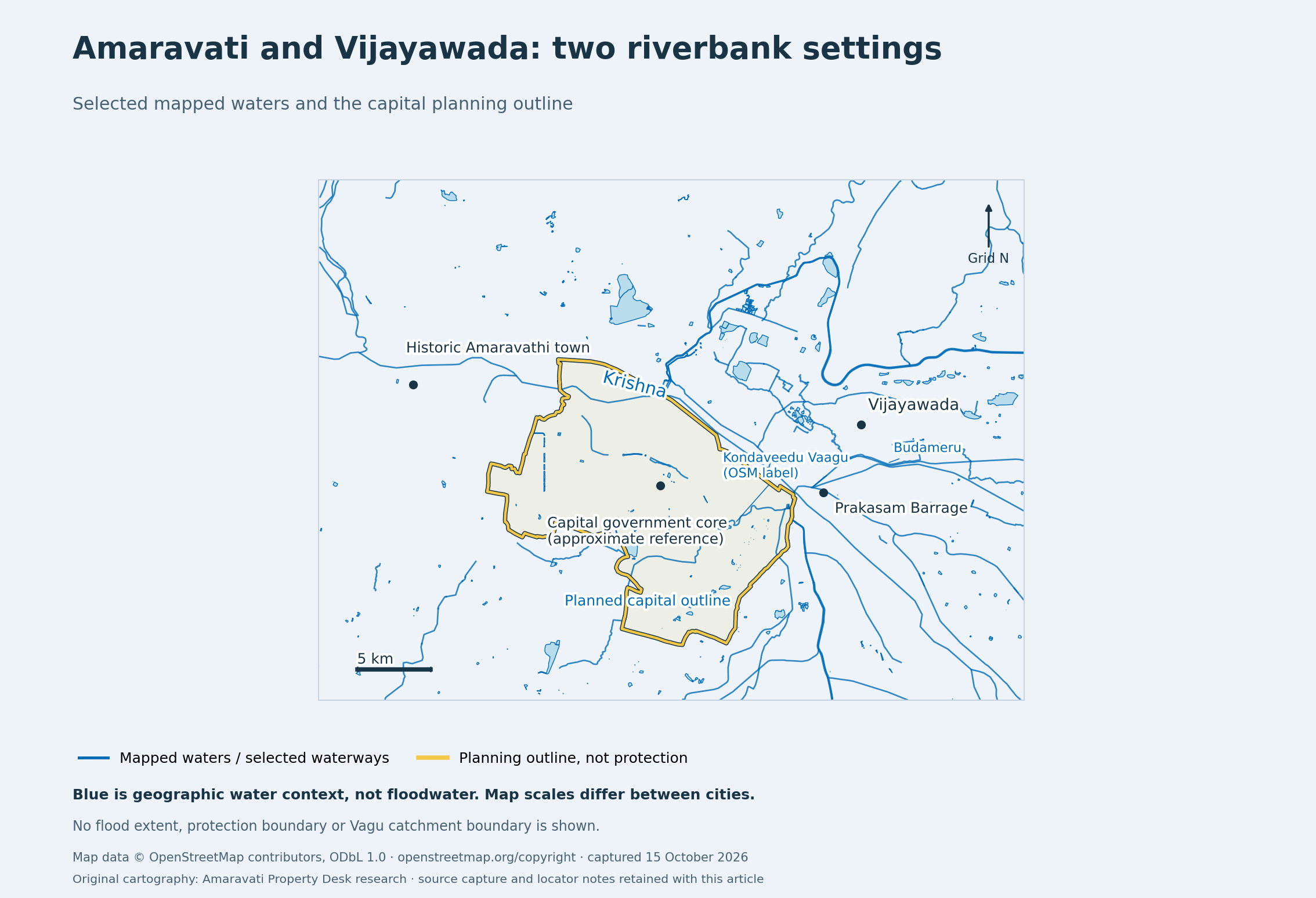 Map 1: Amaravati and Vijayawada riverbank context with the capital planning outline; no flood or protection extent.