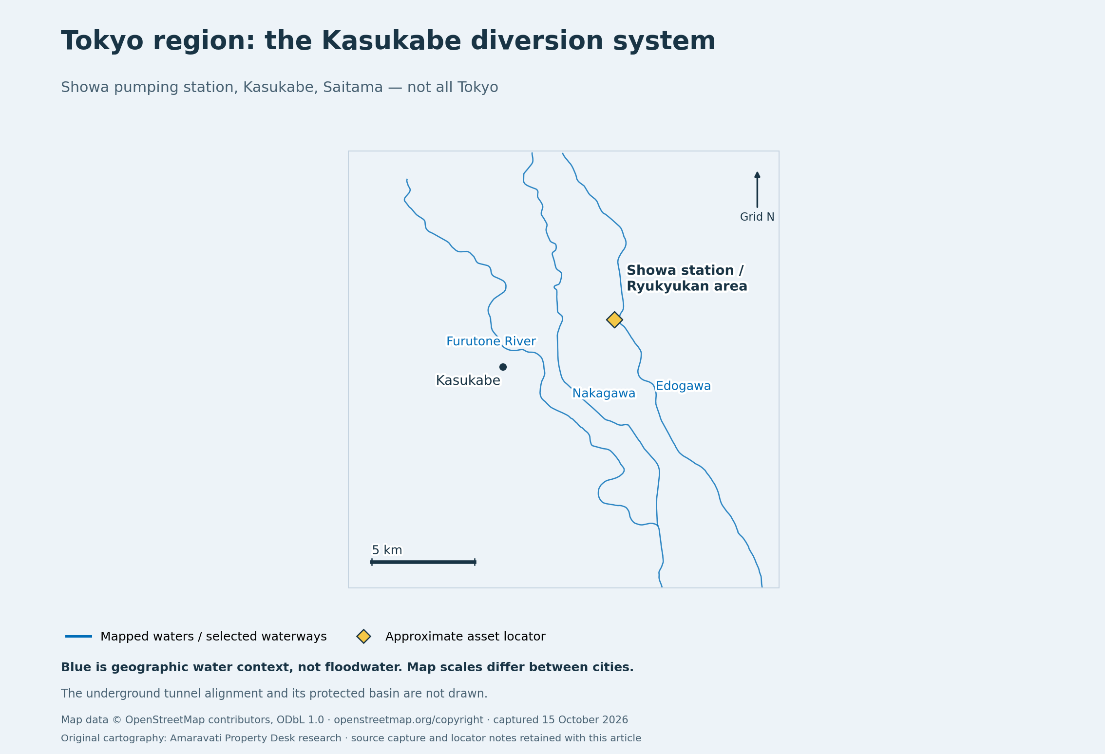 Map 5: Selected Kasukabe rivers and an approximate Showa station / Ryukyukan area reference; not all Tokyo.