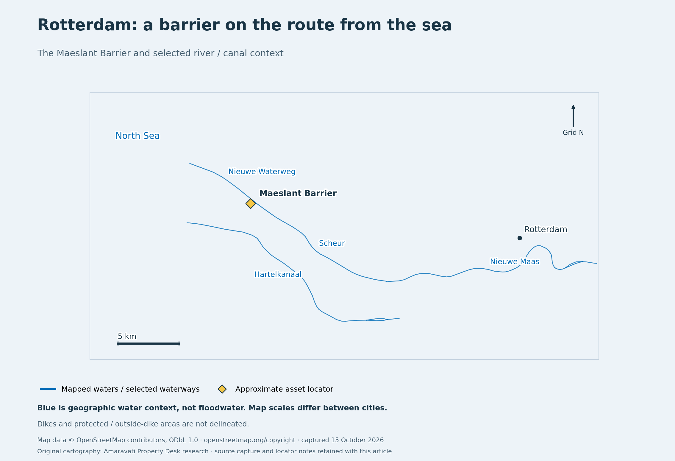 Map 4: Maeslant Barrier and selected Rotterdam waterways; dikes and protected areas are not delineated.