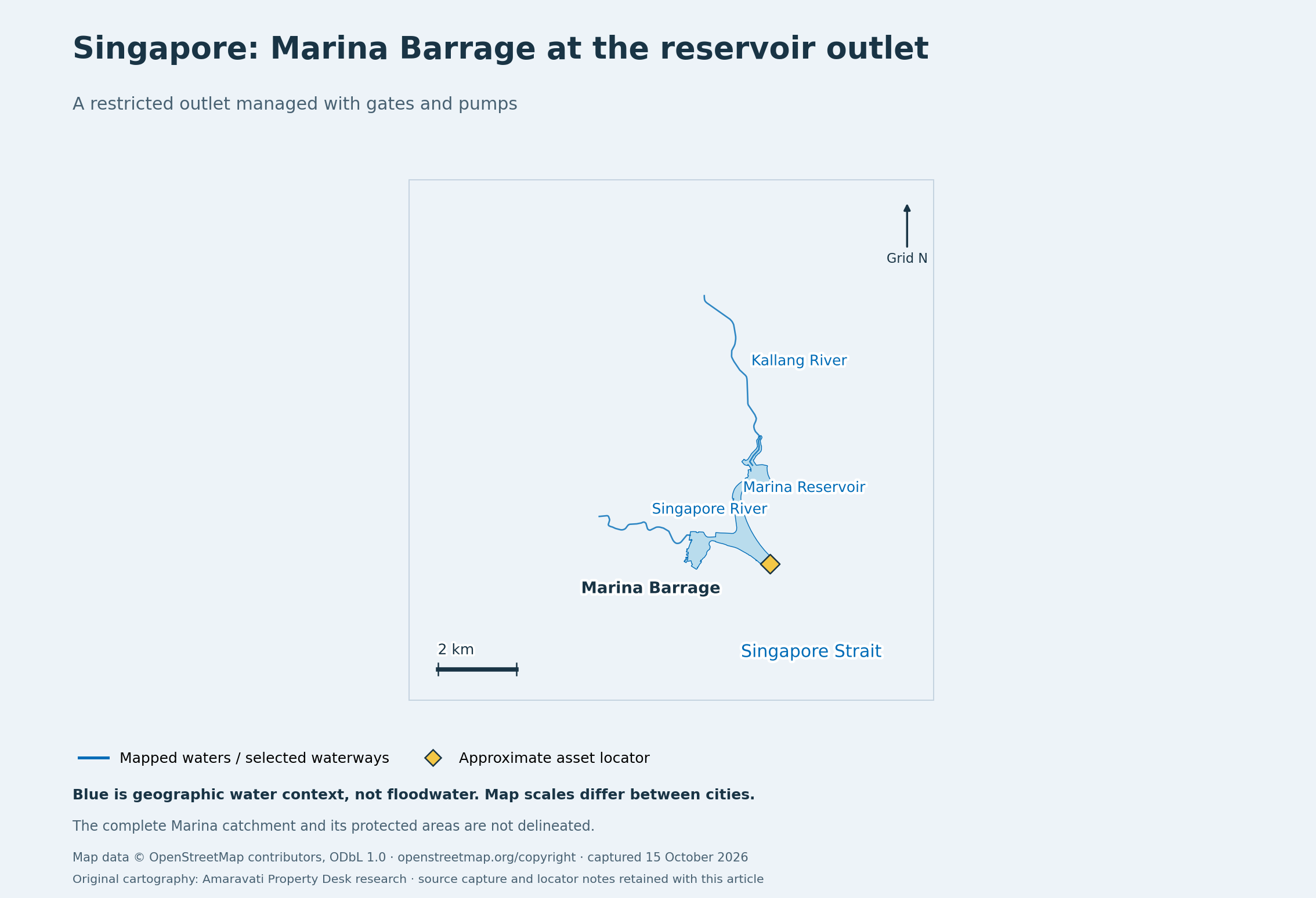 Map 3: Marina Barrage, reservoir and selected Singapore rivers. Complete catchment and protected areas are not drawn.