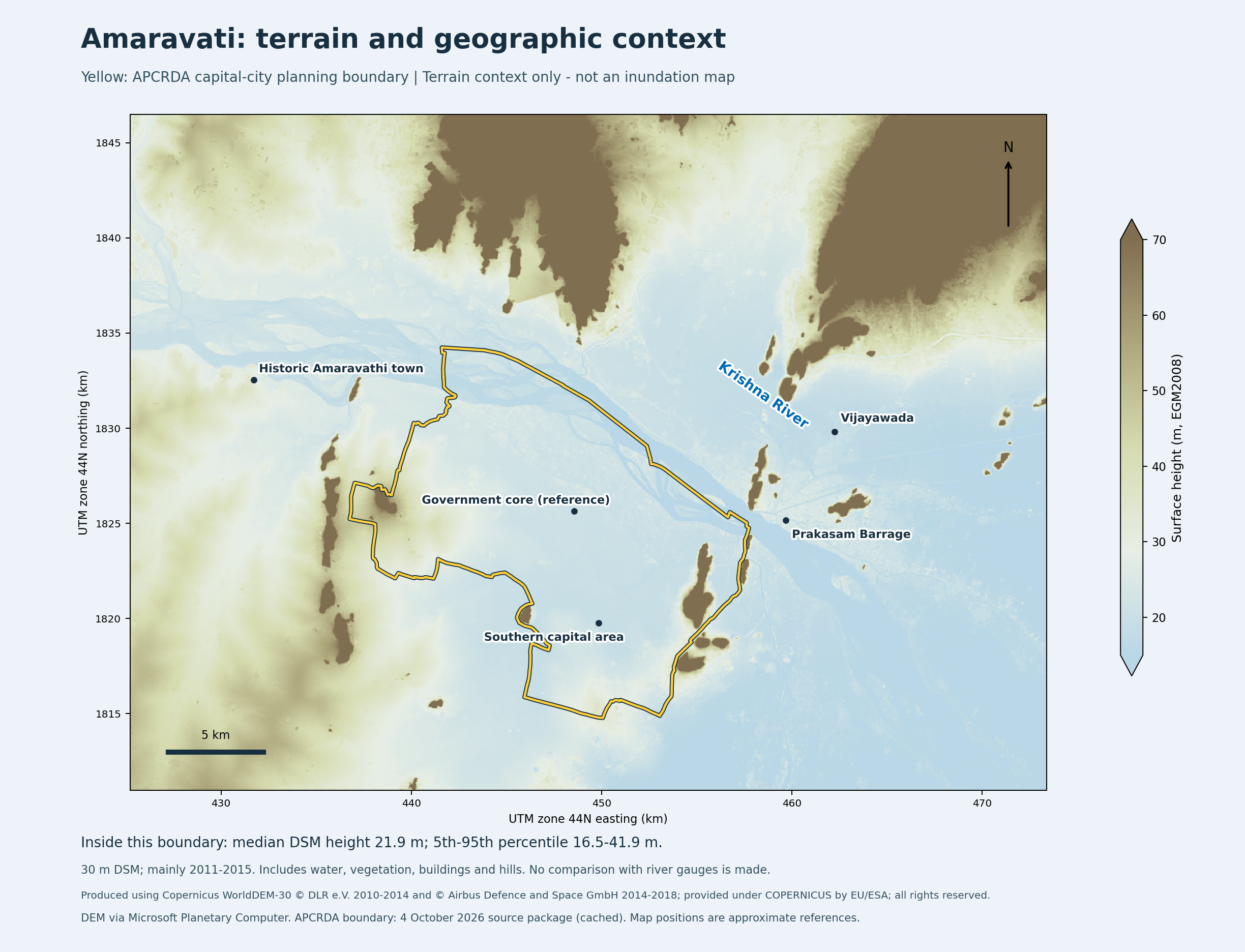 Map 2: Copernicus GLO-30 surface heights around Amaravati, EGM2008 reference; older DSM, not a current survey or flood model.